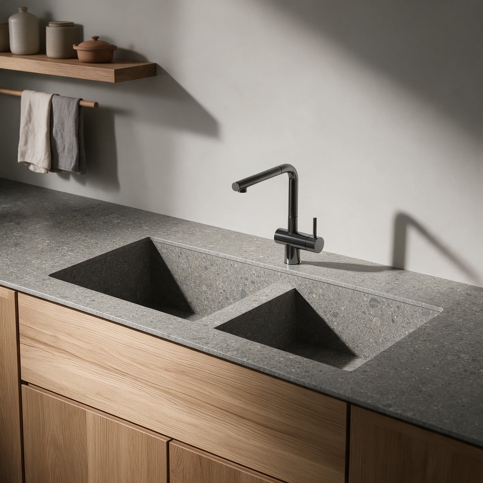 Vadella sink integrated into a Dekton Ceppo kitchen countertop.