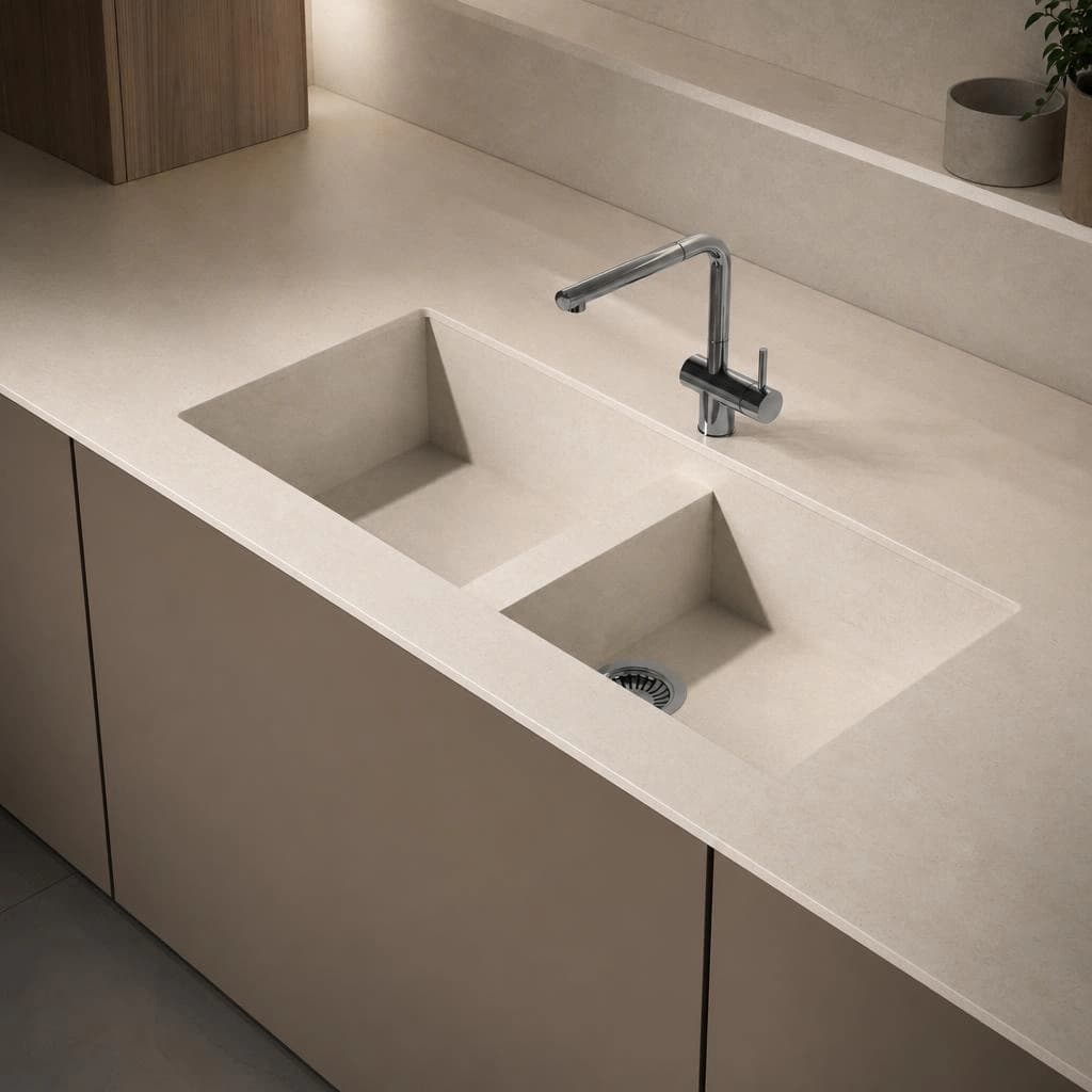 Dekton Danae countertop with integrated double sink and chrome faucet