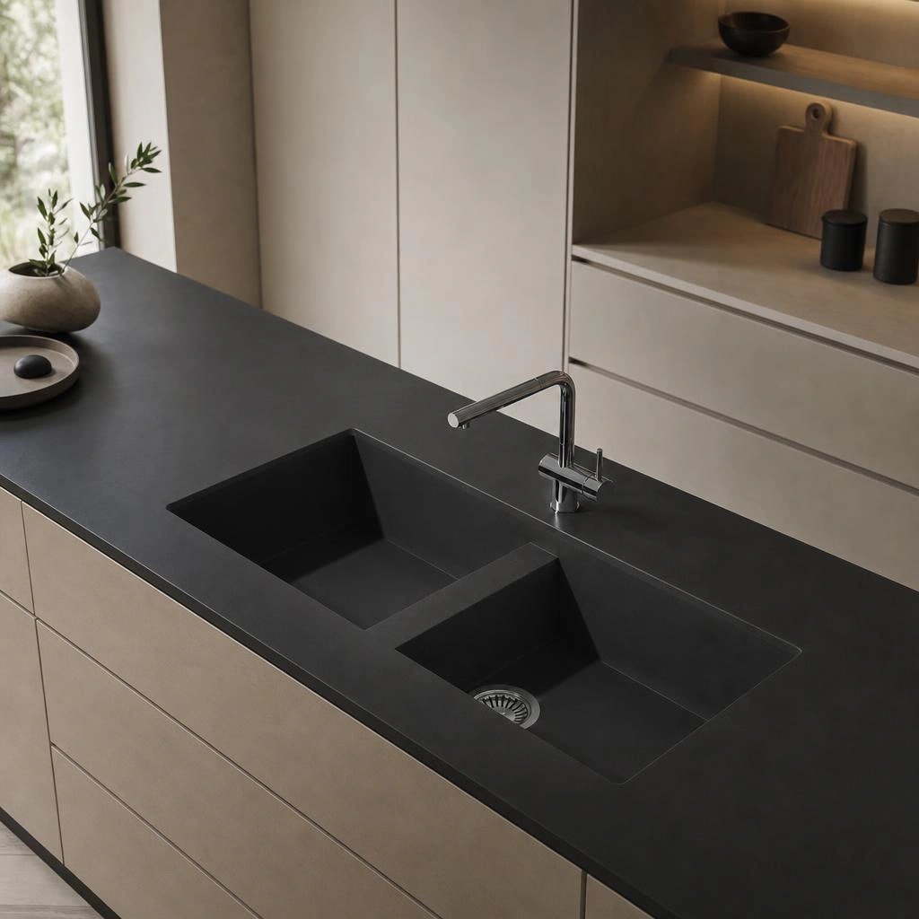 Black Dekton Domoos countertop with integrated double sink and chrome faucet