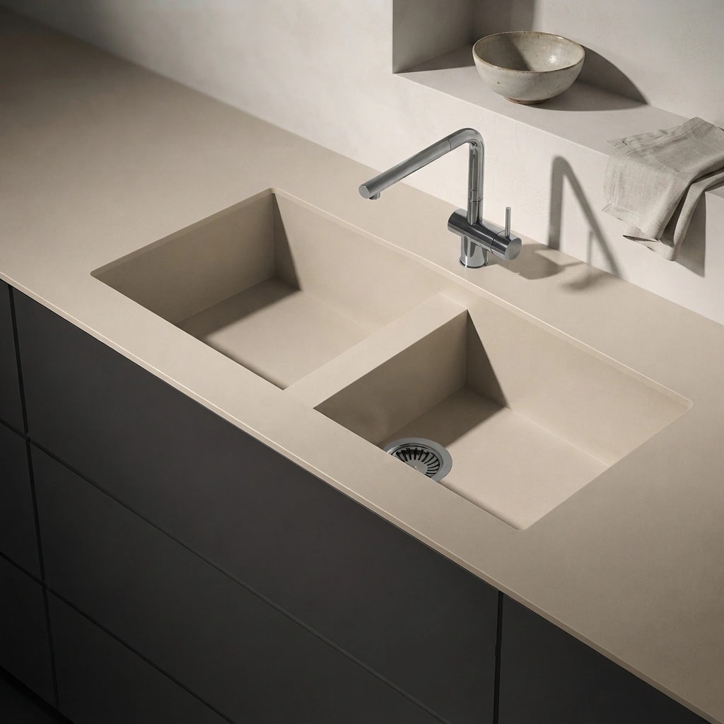 Dekton Dunna Vadella countertop with a double-bowl sink and chrome tap