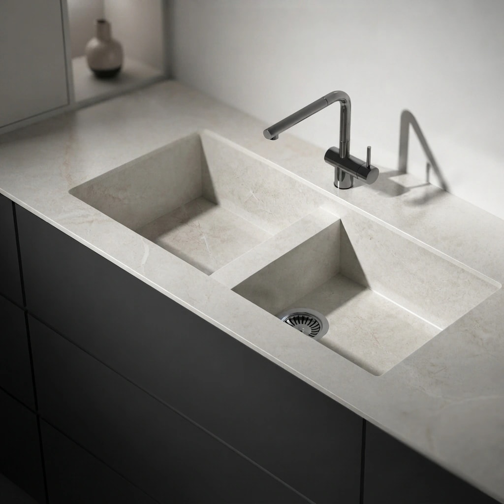 Dekton Evok worktop with integrated double sink and metal tap