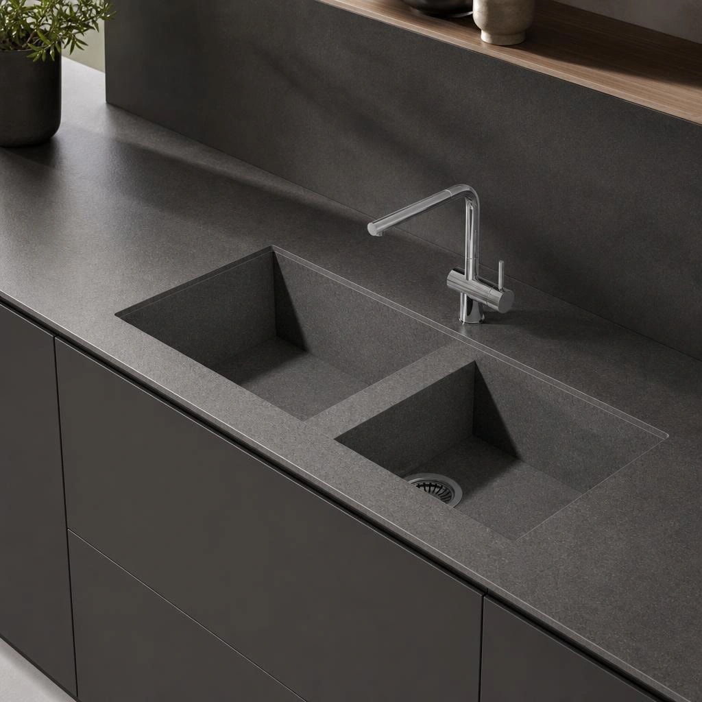 Dekton Vadella countertop in Grafite with a double-bowl sink and chrome faucet