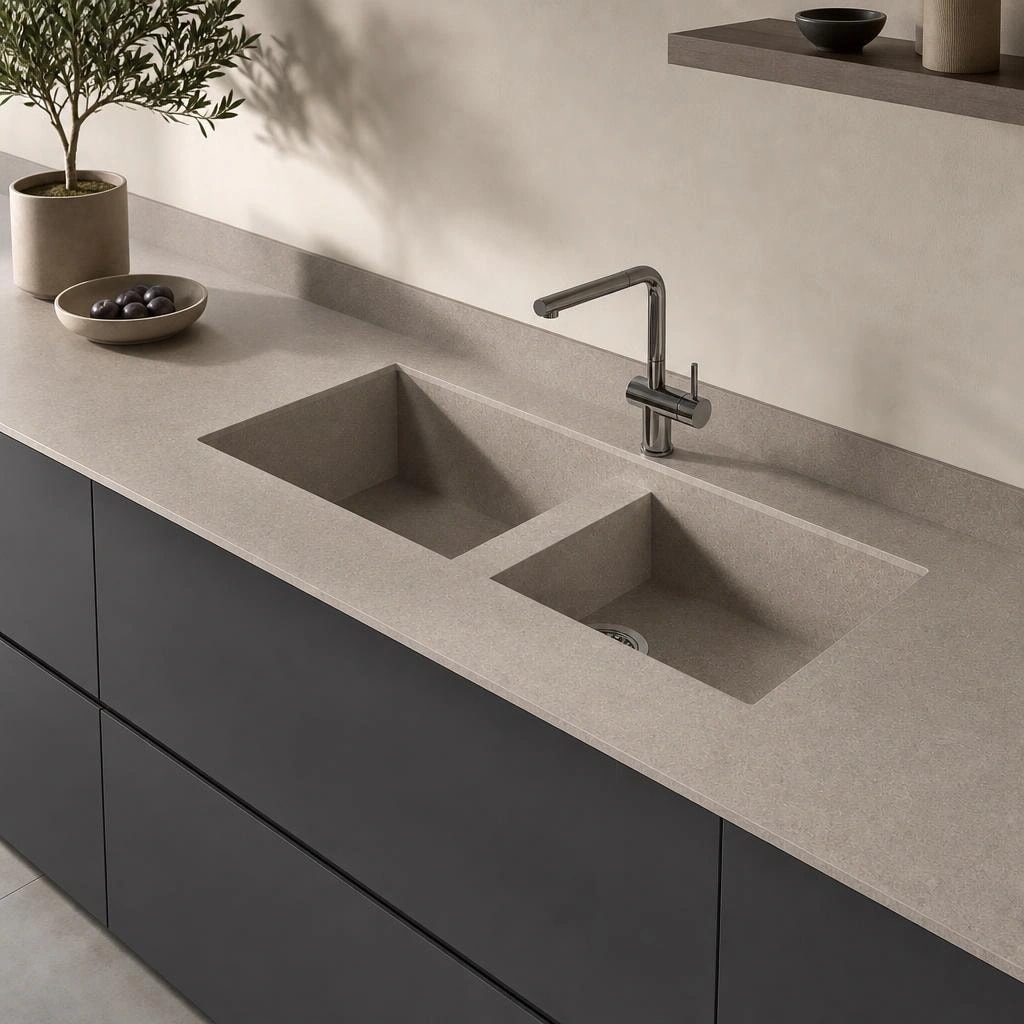 Dekton Vadella countertop in Grigio with integrated double sink and tap