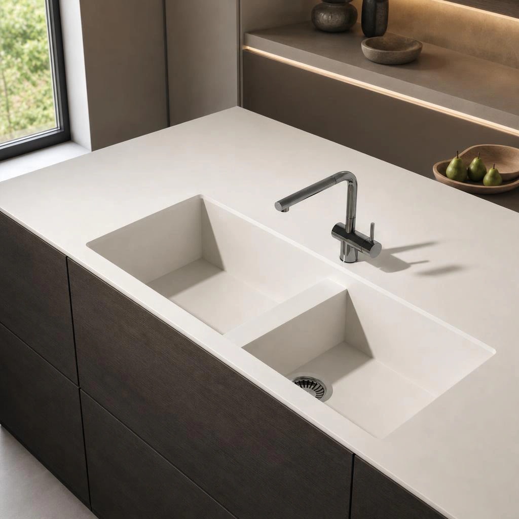 White Dekton Halo Vadella countertop with double-bowl sink and chrome tap