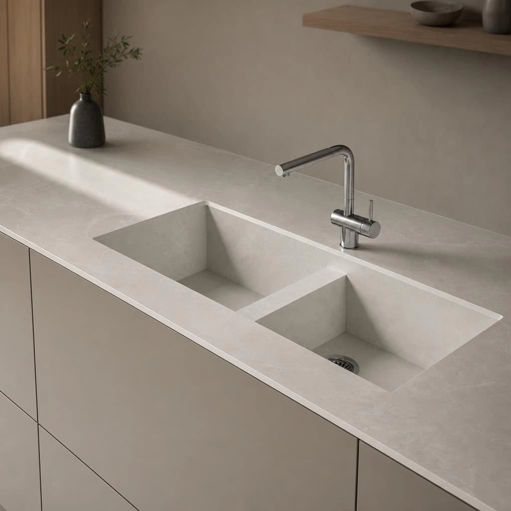 Dekton Helena Vadella countertop with integrated double sink and chrome faucet