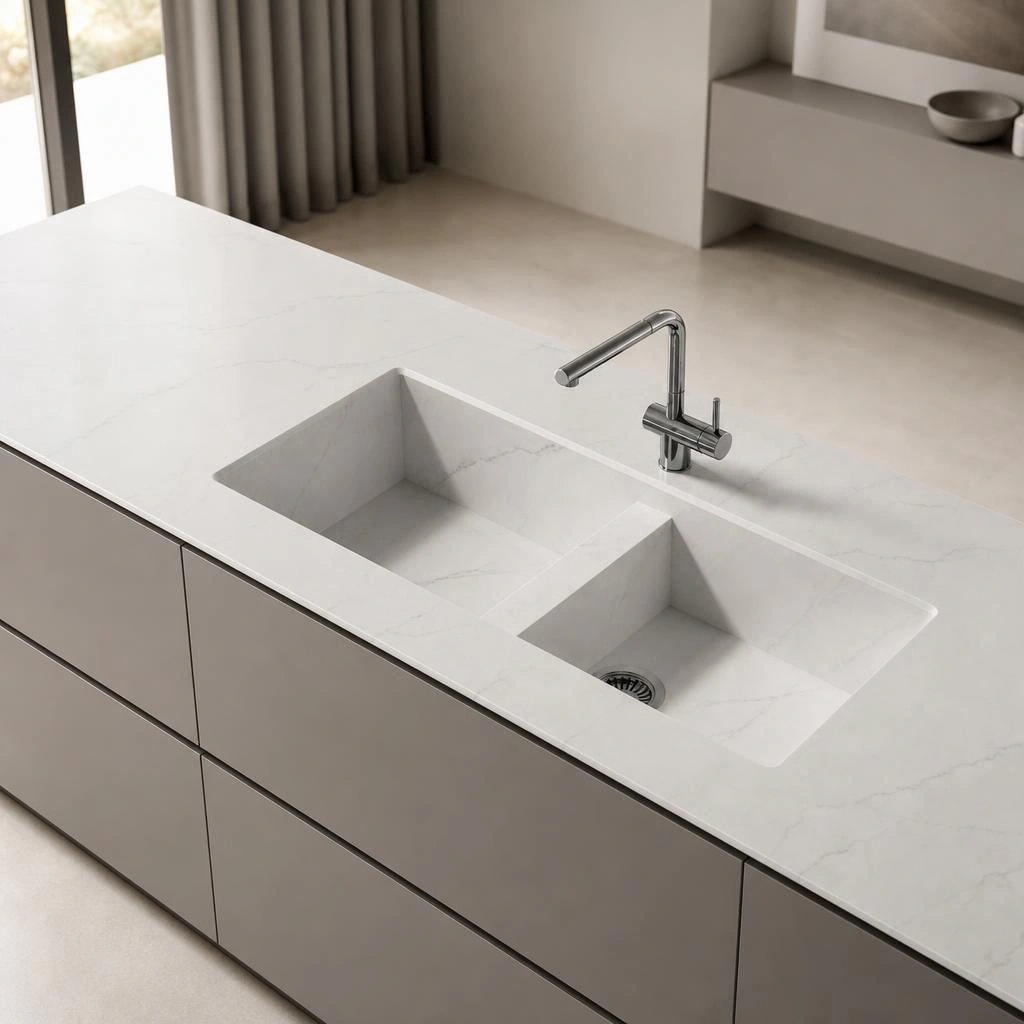 White Dekton Kairos countertop with double-bowl sink and chrome tap