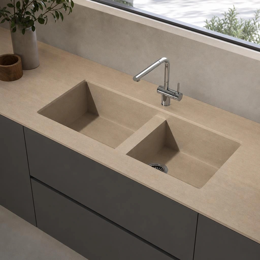 Dekton Kedar worktop with integrated double sink and chrome tap