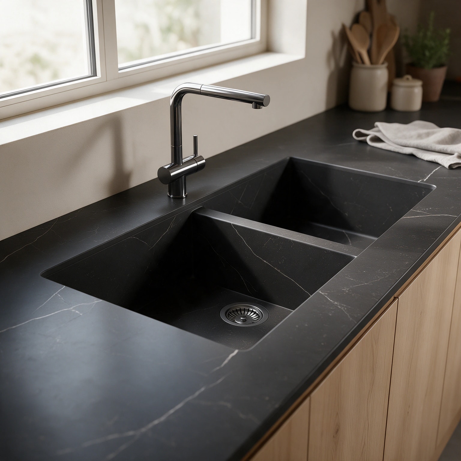Vadella sink integrated into a Dekton Kelya kitchen countertop.