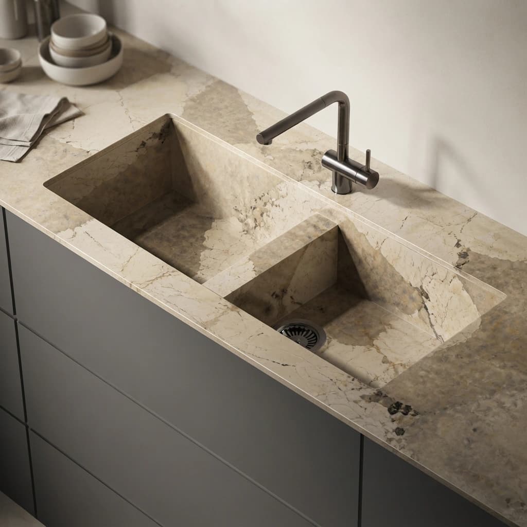 Arbeitsplatte aus Dekton Khalo mit integriertem Doppelspülbecken und Metallarmatur