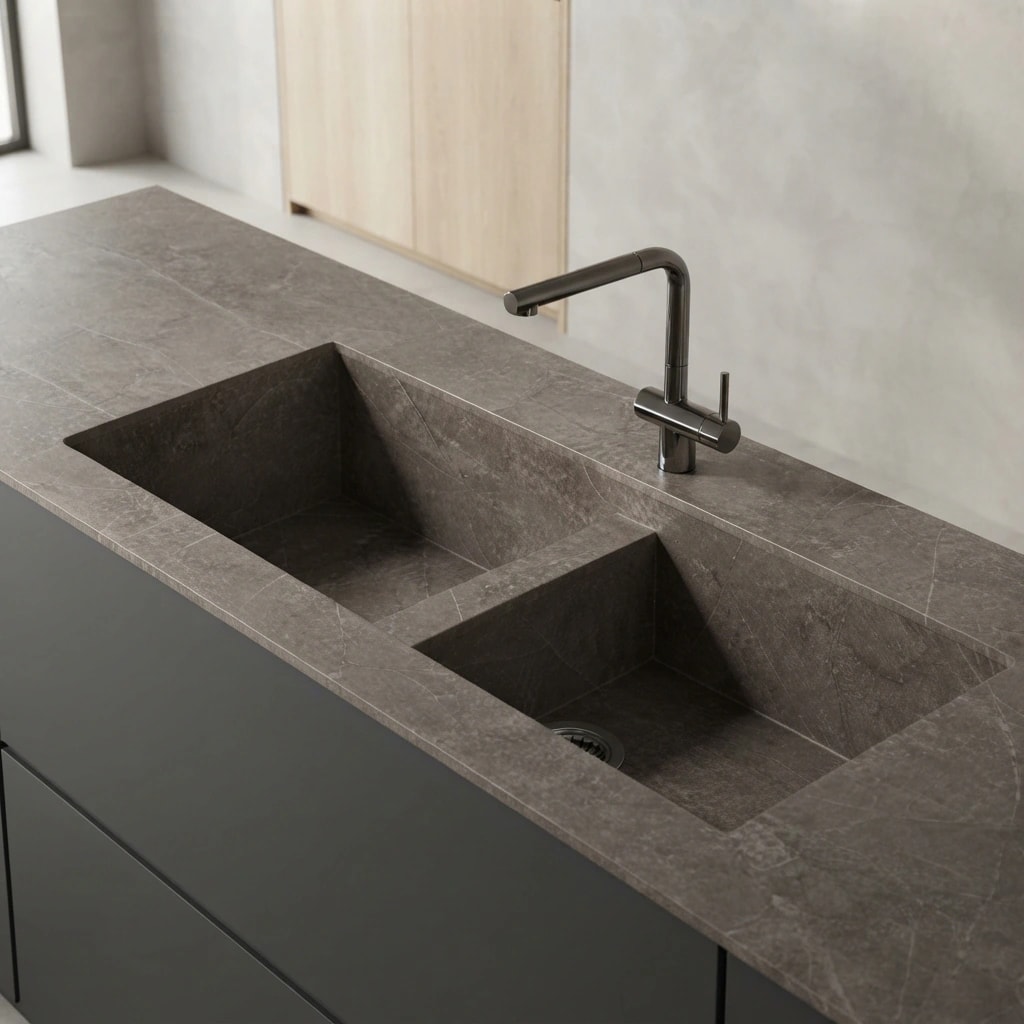 Dekton Kira countertop with integrated double sink and single-lever faucet