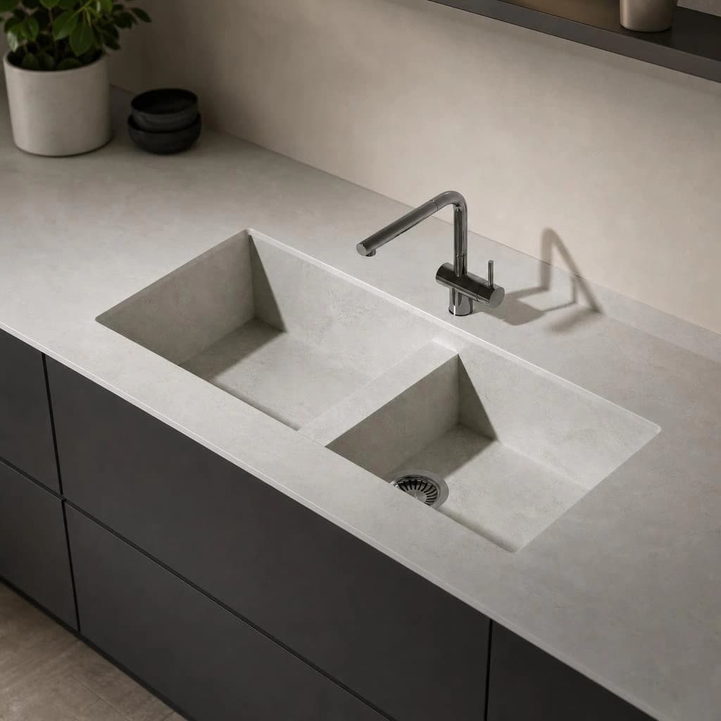 Dekton Kovik countertop with an integrated double-bowl sink and chrome faucet