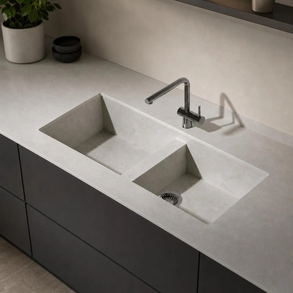 Dekton Kovik countertop with an integrated double-bowl sink and chrome faucet
