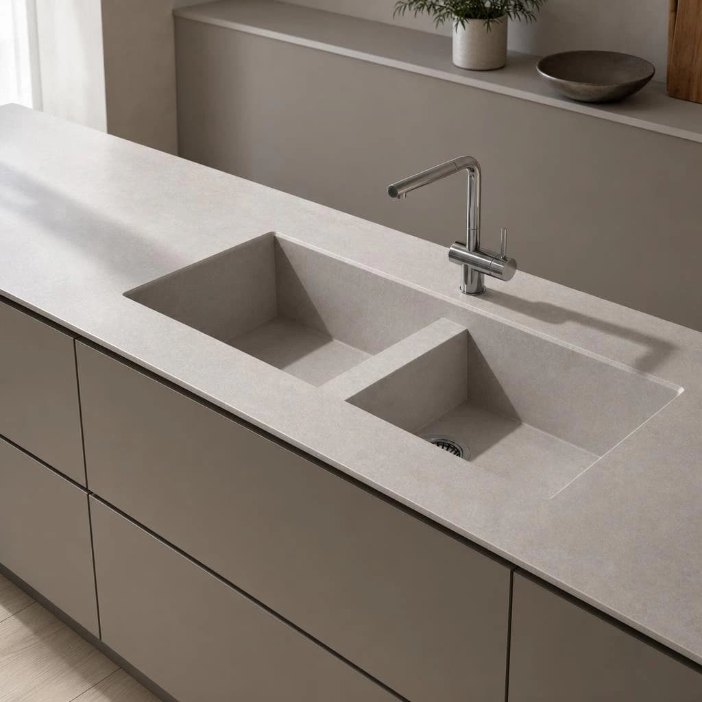 Dekton Kreta worktop with an integrated two-bowl sink and single-lever tap