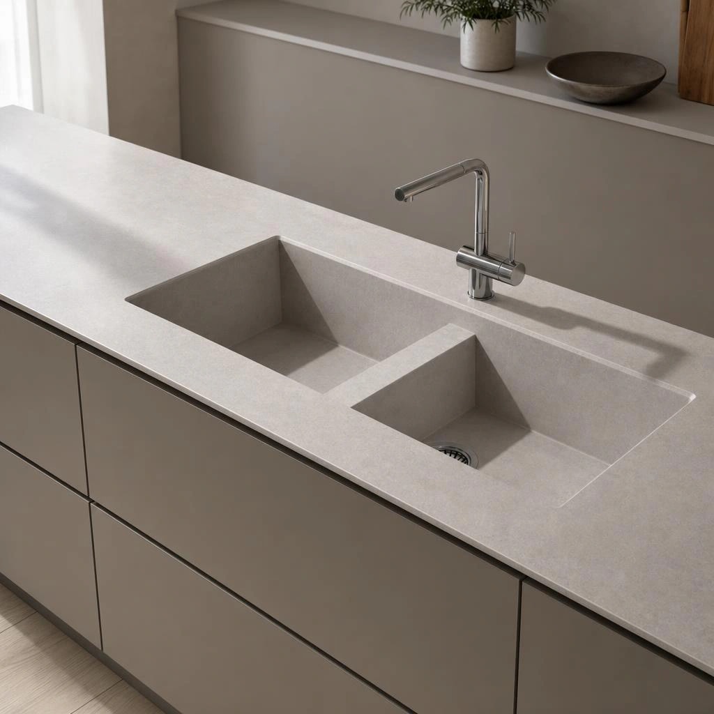 Dekton Kreta worktop with an integrated two-bowl sink and single-lever tap