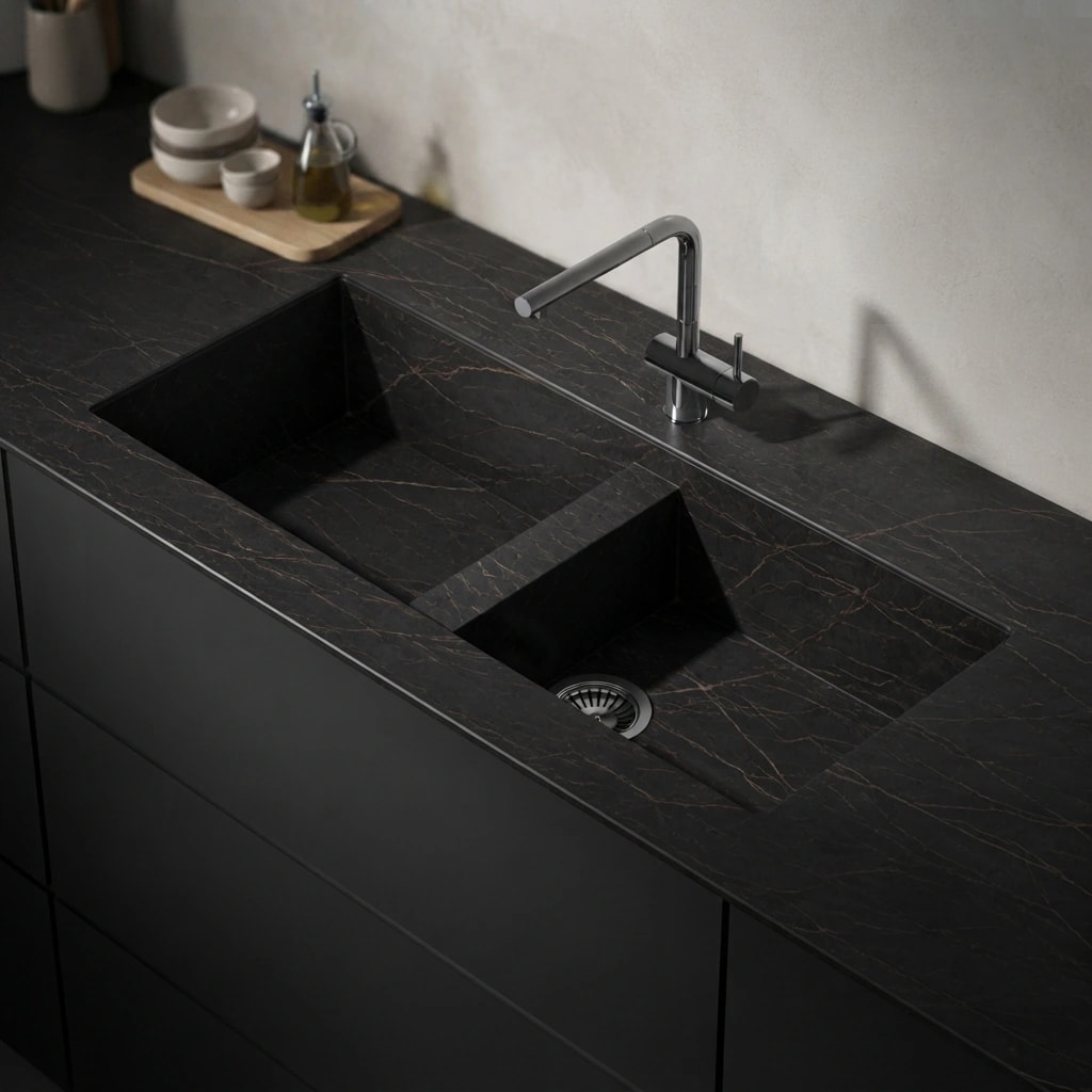 Black Dekton Laurent Vadella worktop with light veining, double sink and tap