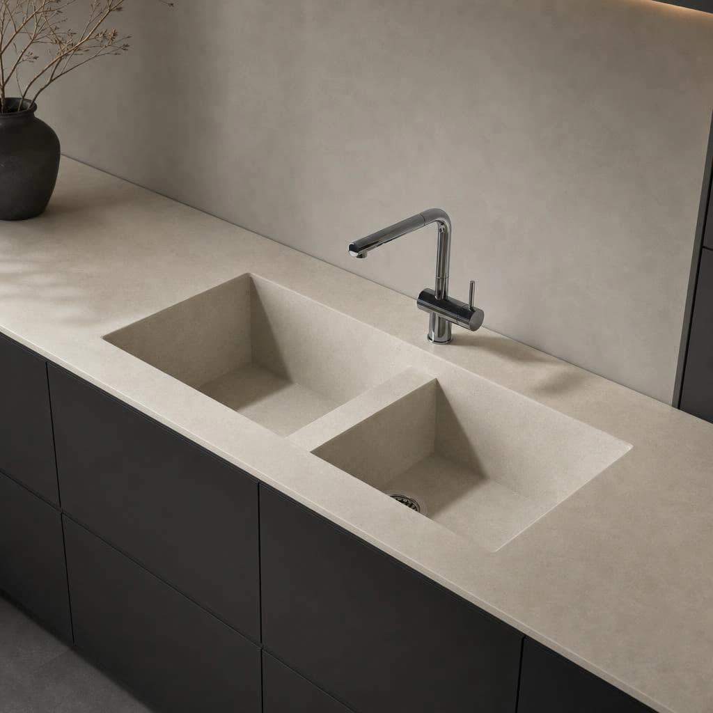 Dekton Vadella countertop in Lunar with integrated double sink and chrome faucet