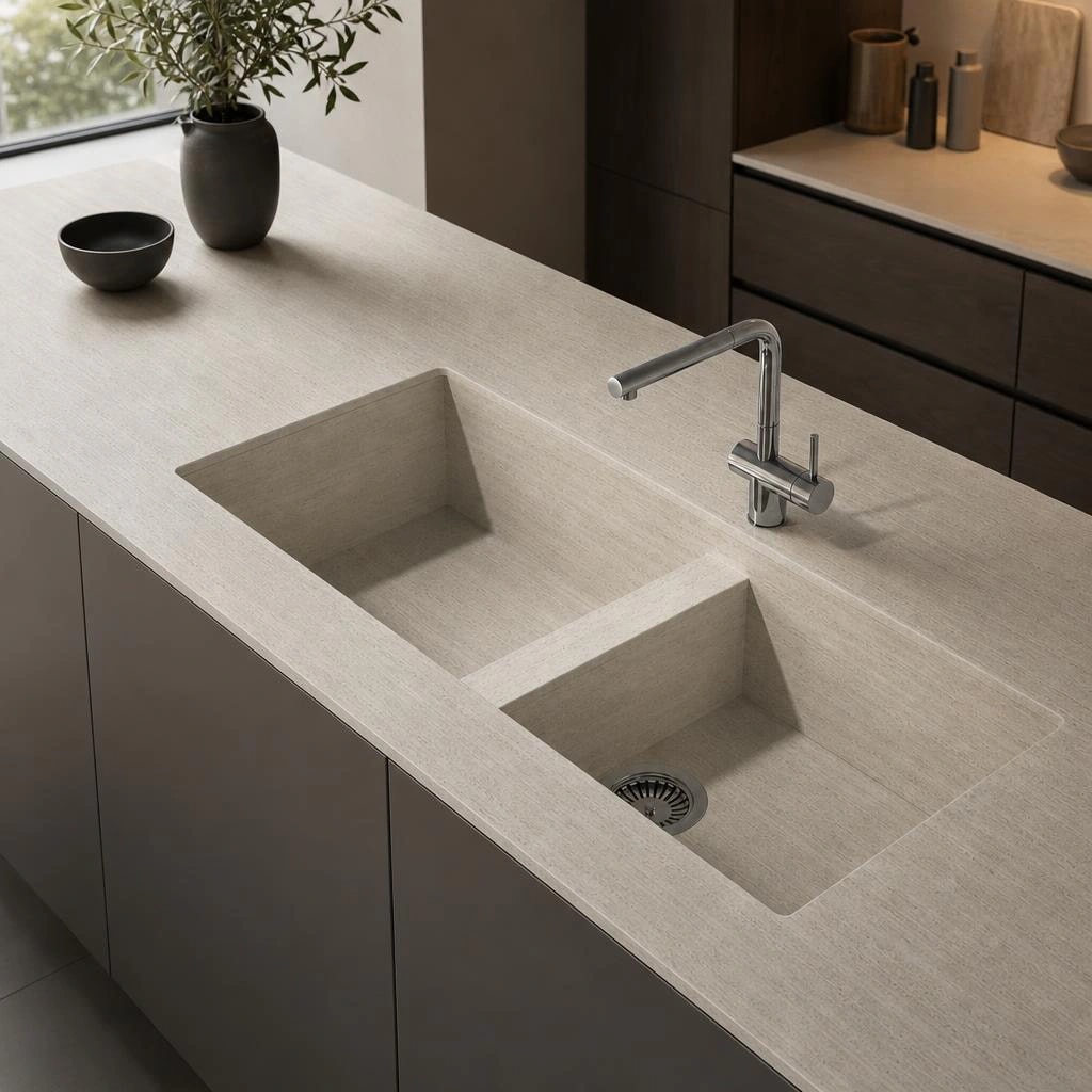 Dekton Marmorio countertop with an integrated double-bowl sink and chrome tap