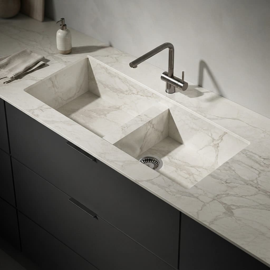 Dekton Morpheus countertop with integrated double-bowl sink and metal tap