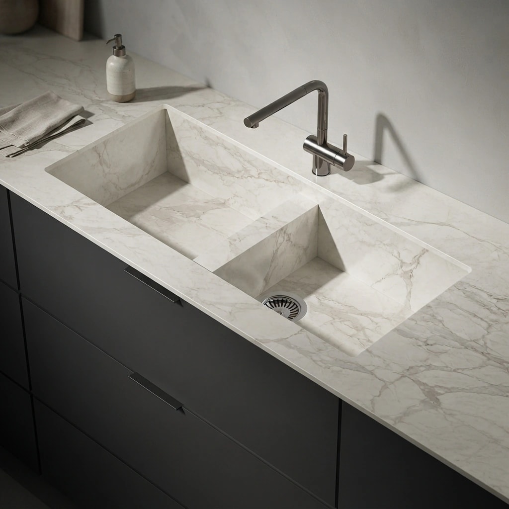 Dekton Morpheus countertop with integrated double-bowl sink and metal tap