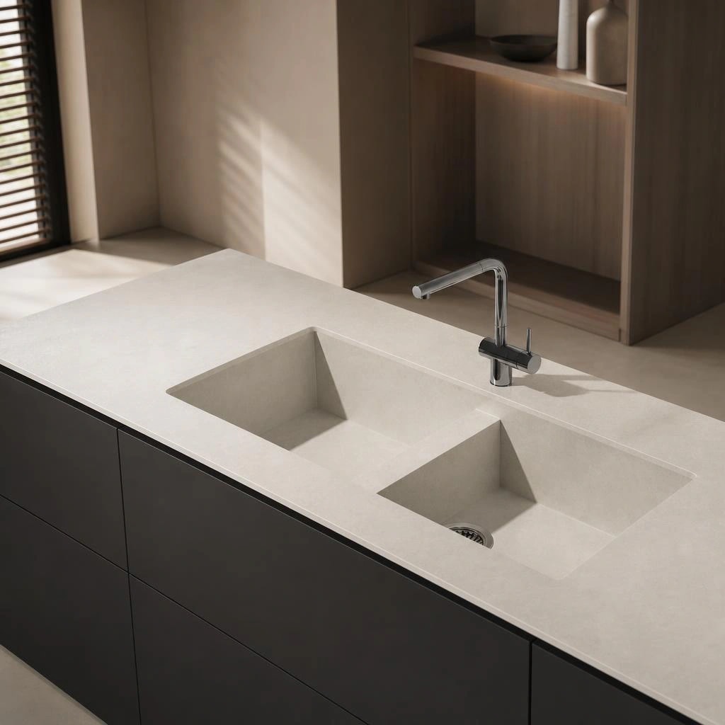 Light Dekton Vadella countertop in Nacre with double integrated sink and chrome tap