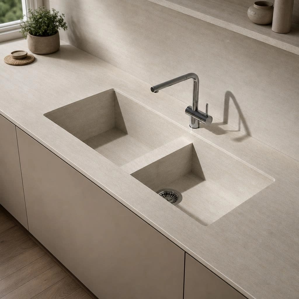 Dekton Nara countertop with integrated double-bowl sink and metal faucet