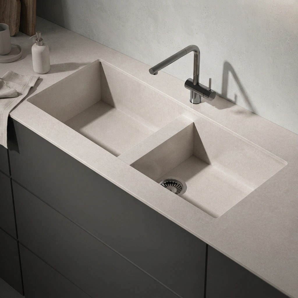 Dekton Nebbia Vadella countertop with integrated double-bowl sink and metal tap