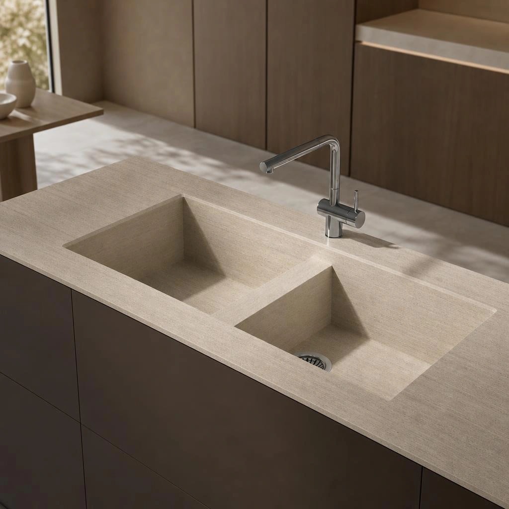 Dekton Vadella countertop in Nebu with integrated double sink and chrome faucet