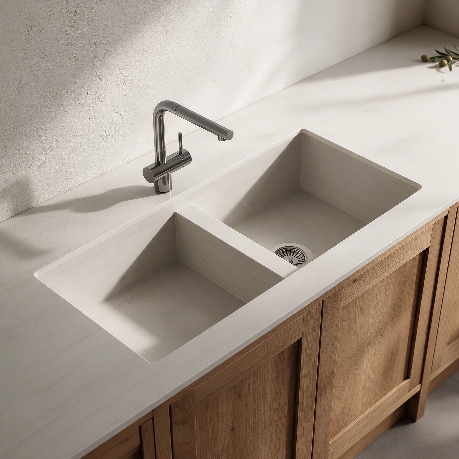 Vadella sink integrated into a Dekton Neural kitchen countertop.