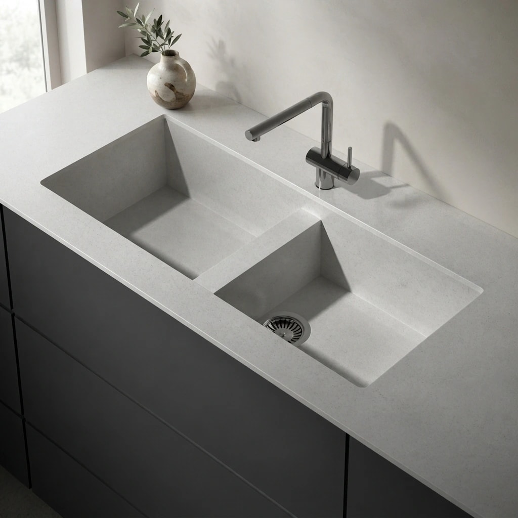 White Dekton Polar countertop with an integrated double-bowl sink and metal tap