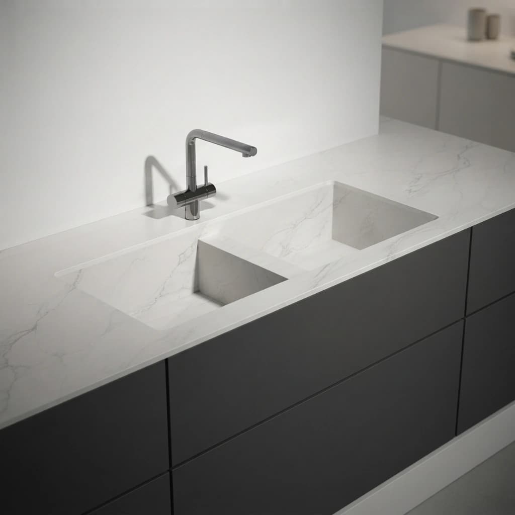 White Dekton Rem countertop with subtle veining, integrated double sink and chrome faucet