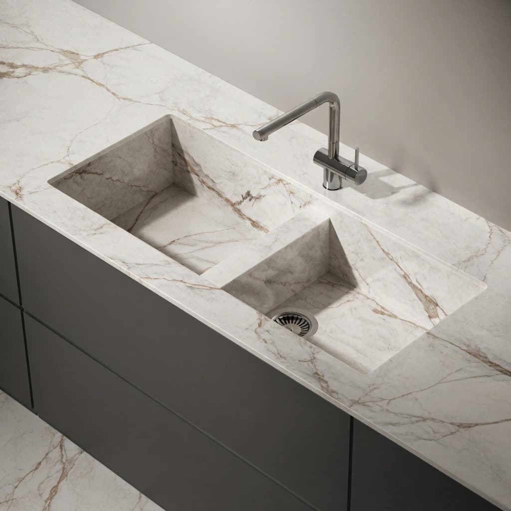 Piano di lavoro Dekton Vadella in Reverie con lavello doppio integrato e rubinetteria in metallo