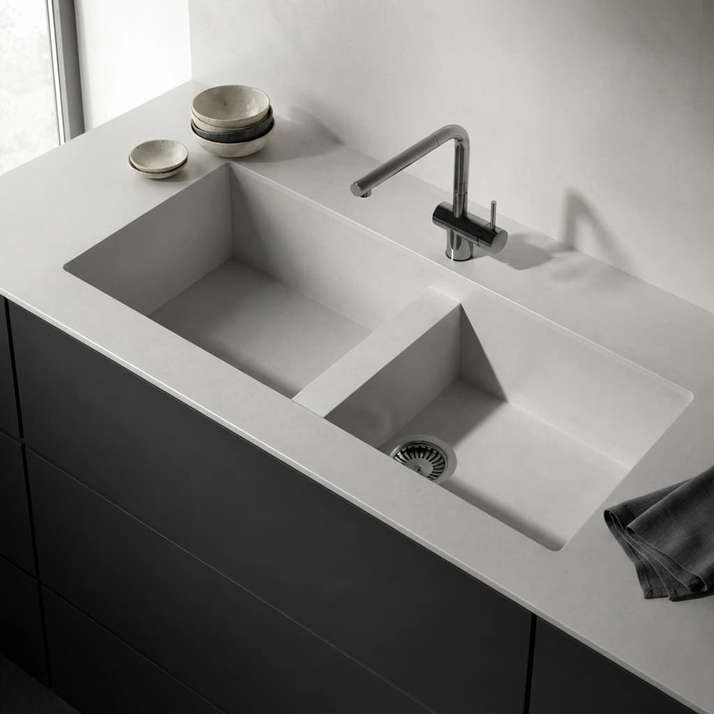 Dekton Vadella countertop in Sandik with an integrated double-bowl sink and chrome tap
