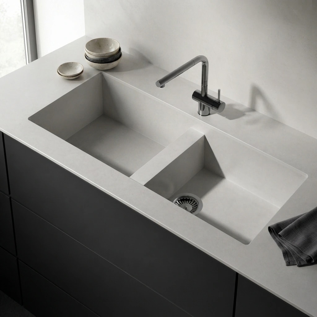 Dekton Vadella countertop in Sandik with an integrated double-bowl sink and chrome tap