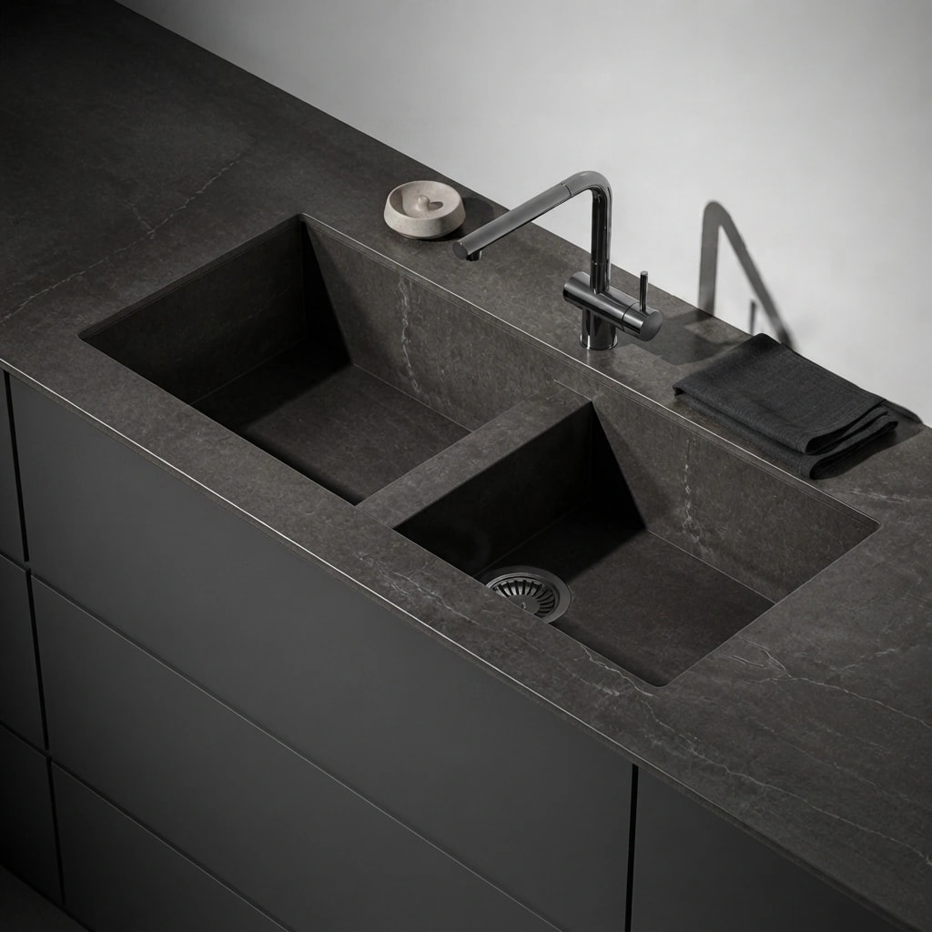 Dekton Soke Vadella countertop with integrated double sink and black faucet