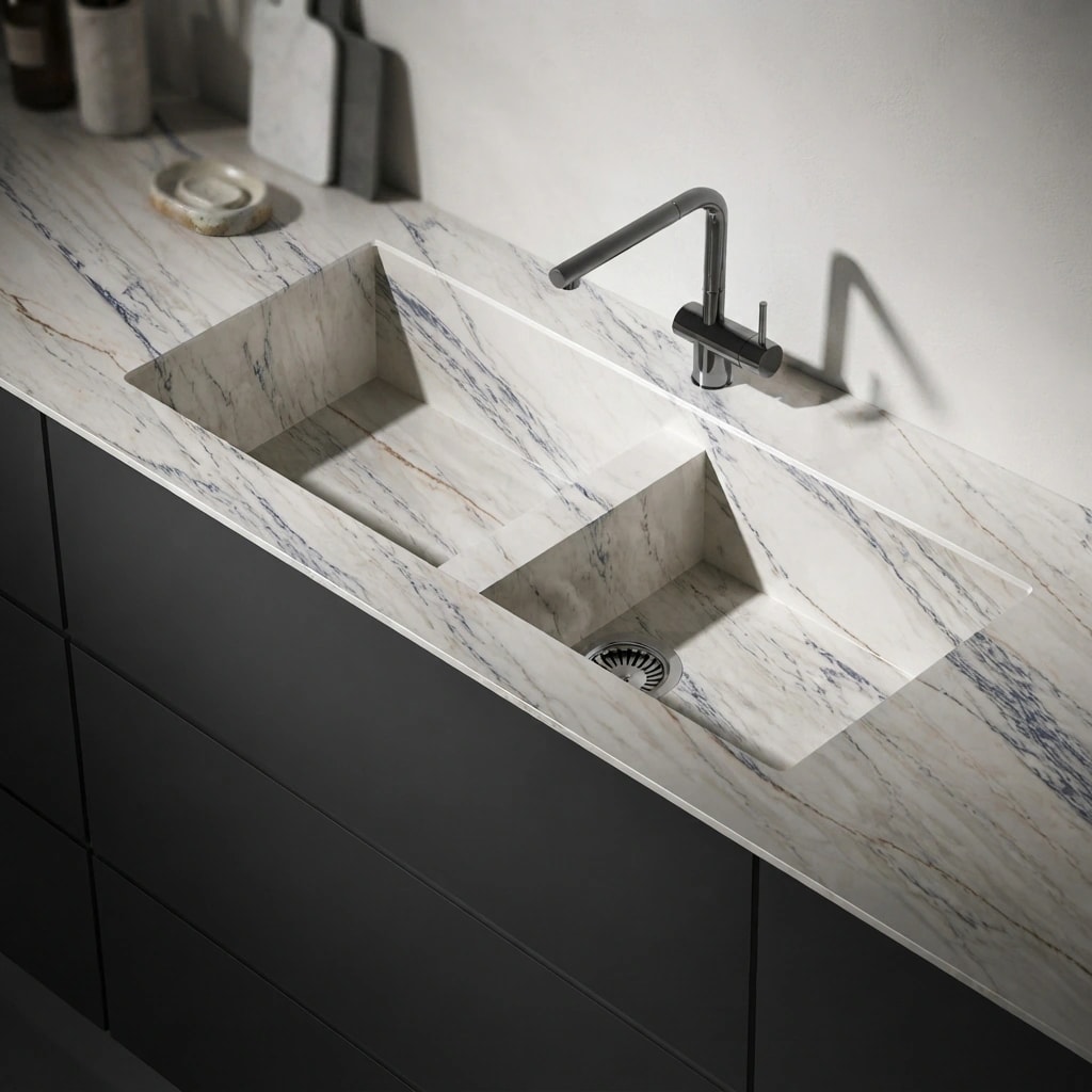 Dekton Trance Vadella worktop with two integrated sinks, black tap and grey veining