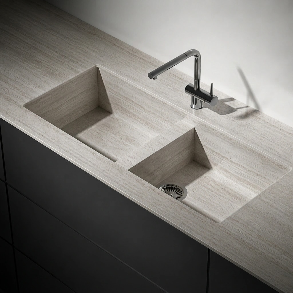 Dekton Trevi countertop with integrated double-bowl sink and chrome tap