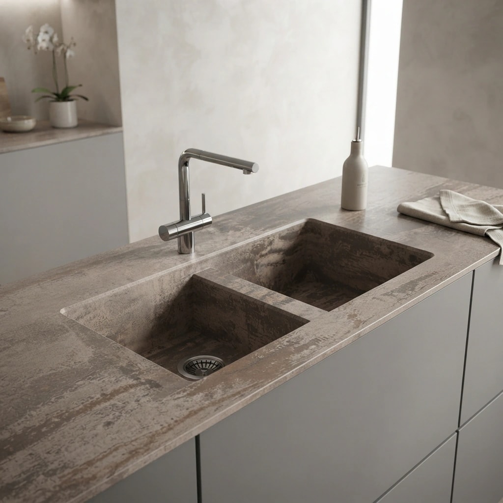 Dekton Trilium countertop with a double-bowl sink and chrome tap