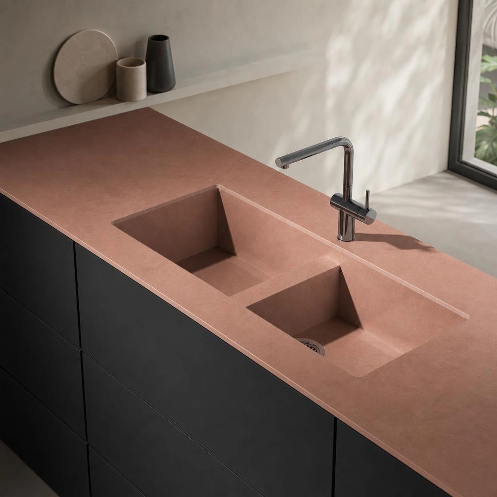 Dekton Vadella worktop in Umber with a double integrated sink and metal tap