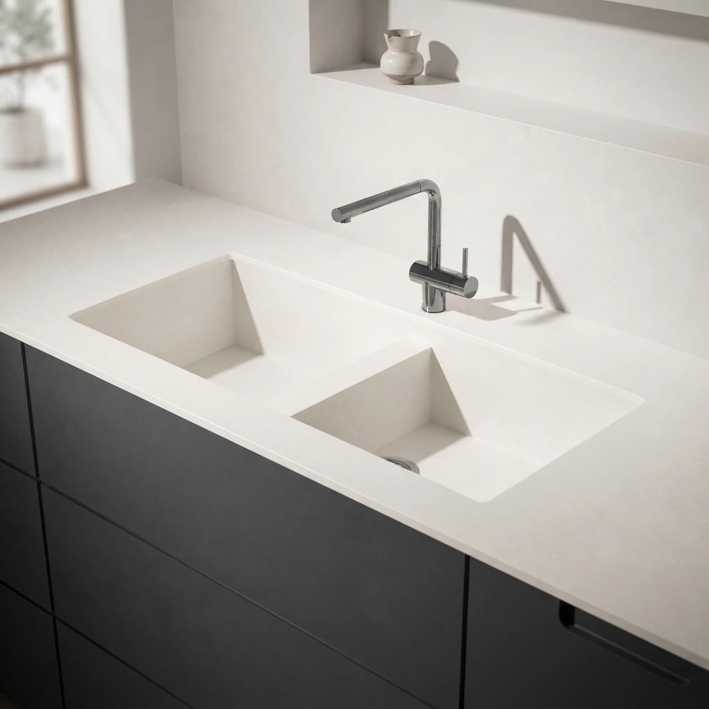 White Dekton Zenith countertop with two integrated sinks and a metal tap