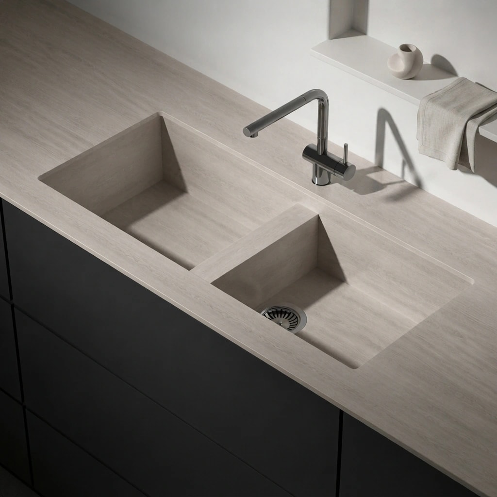 Dekton Zira countertop with a double-bowl sink and kitchen tap