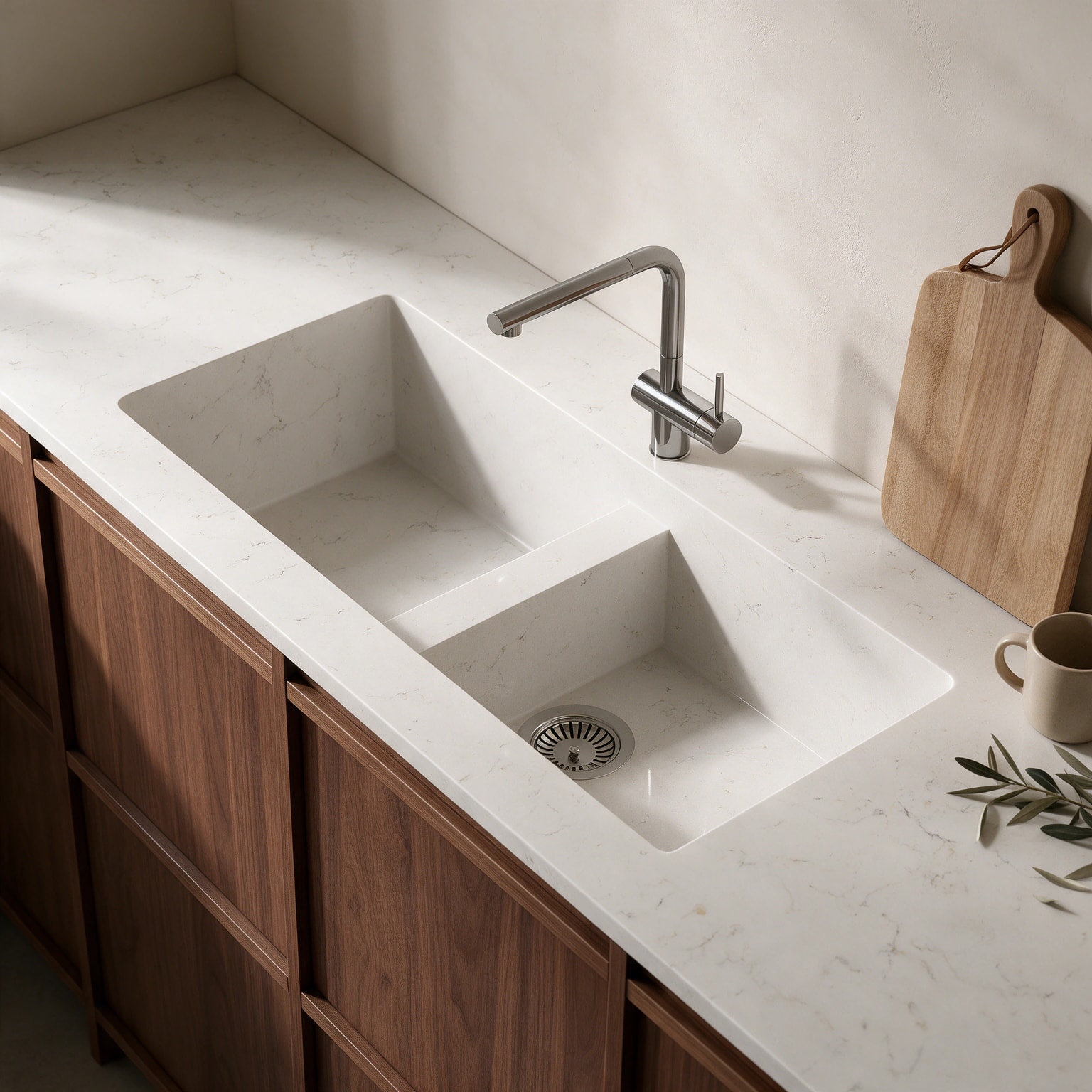 Lavello Vadella integrato in un piano cucina Silestone Blanco Maple.