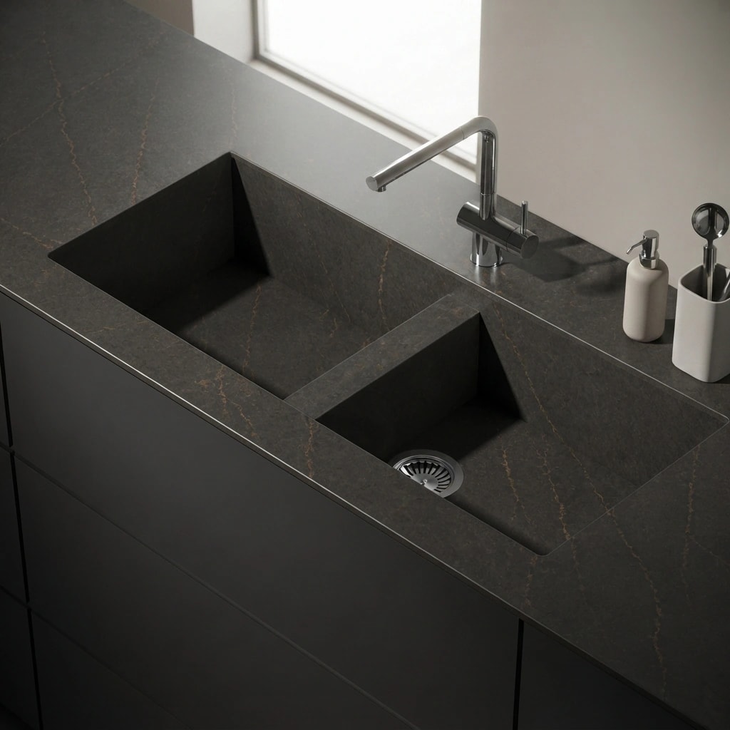 Silestone Bohemian Flame countertop with integrated double bowl sink and chrome faucet