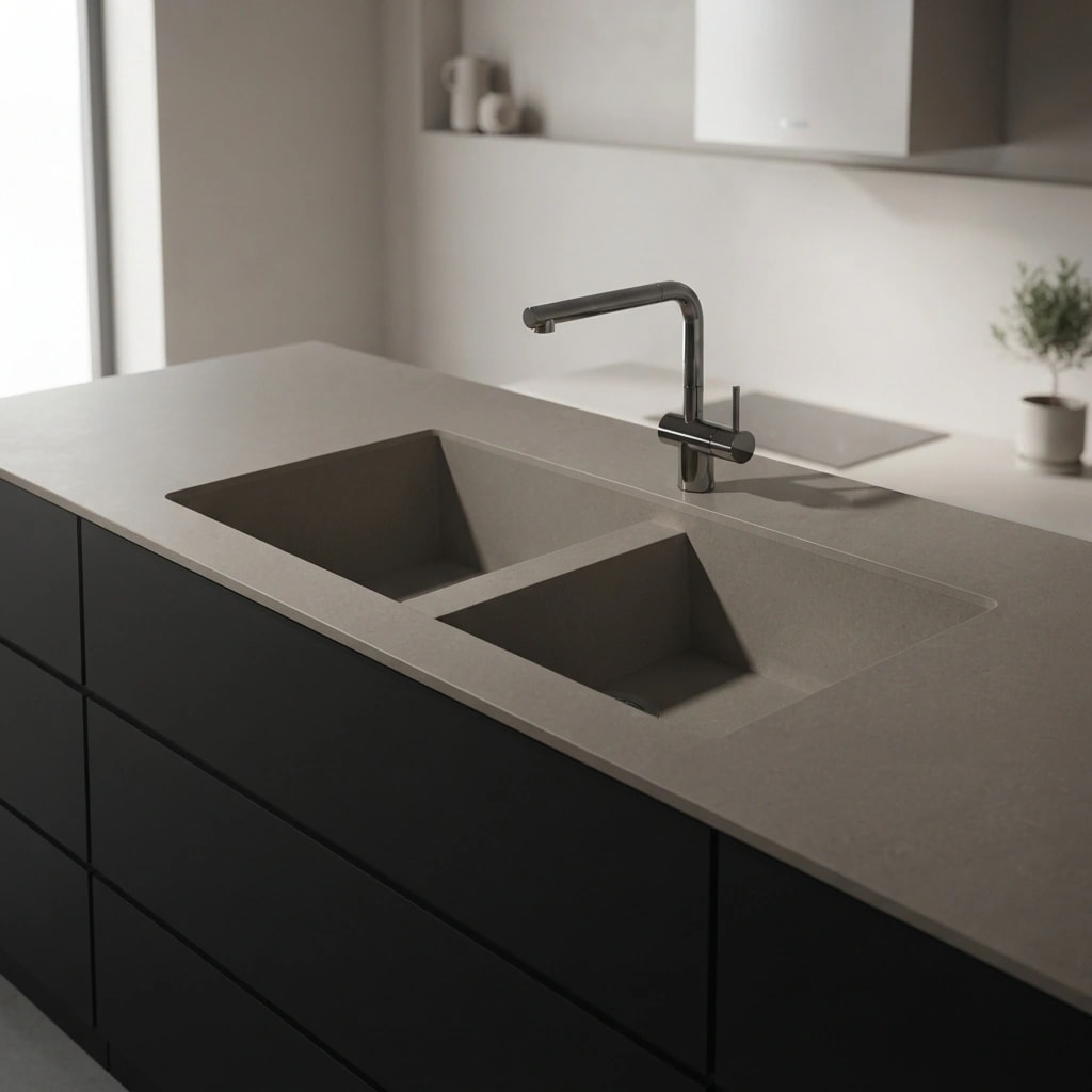 Silestone Brass Relish countertop with integrated double sink and black faucet
