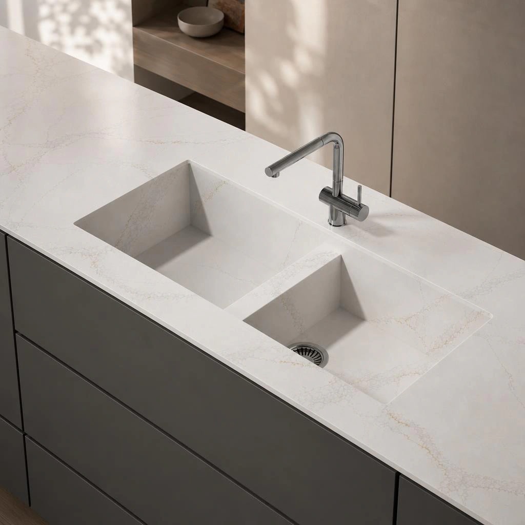 Silestone Bronze Rivers countertop with integrated double sink and chrome faucet
