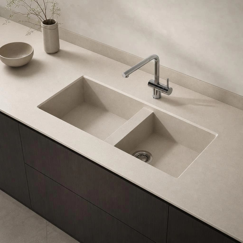 Silestone Calacatta Tova countertop with a double-bowl sink and chrome tap