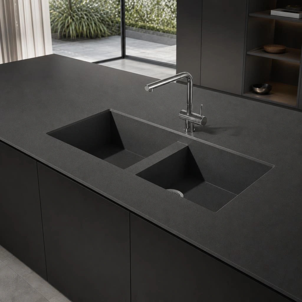 Silestone Vadella countertop in Cinder Craze with integrated double sink and faucet