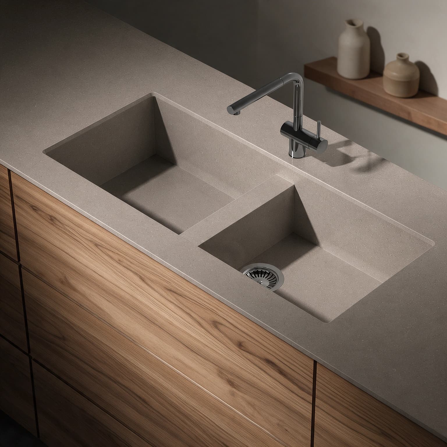 Vadella sink integrated into a Silestone Coral Clay Colour kitchen countertop.