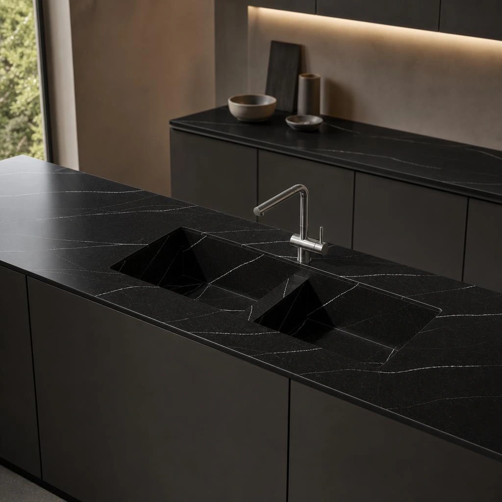 Black Silestone Et Marquina countertop on a kitchen island with two integrated sinks and metal taps
