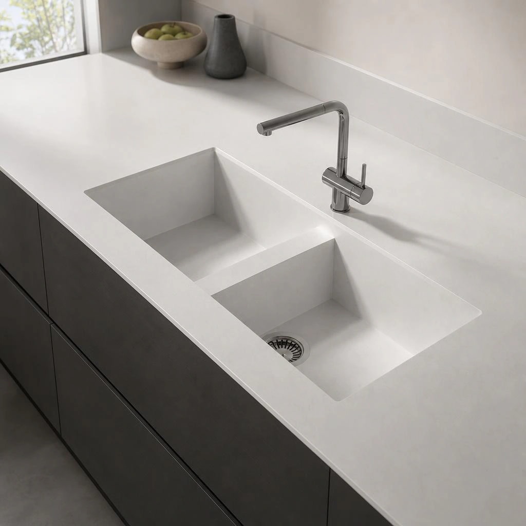 White Silestone Et Statuario countertop with an integrated double sink and chrome faucet