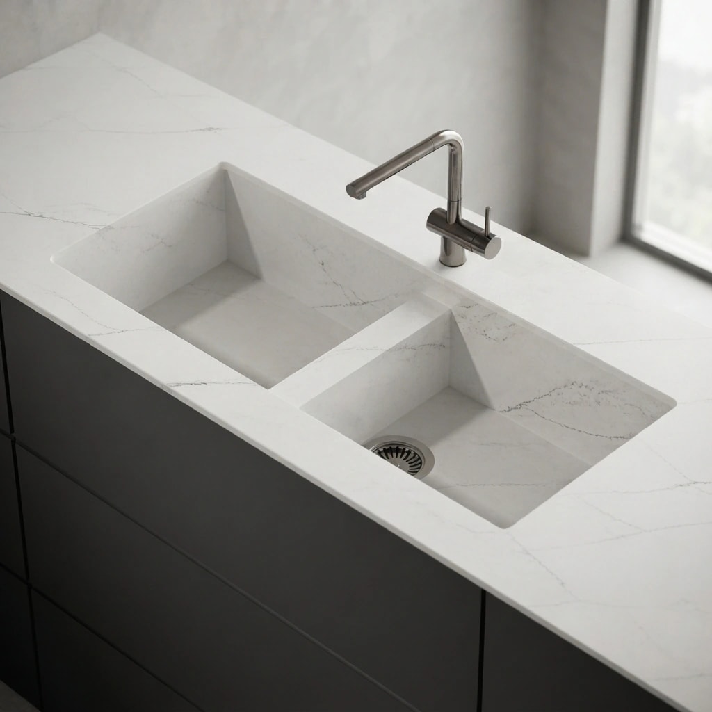 White Silestone Ethereal Noctis countertop with integrated double sink and metal tap